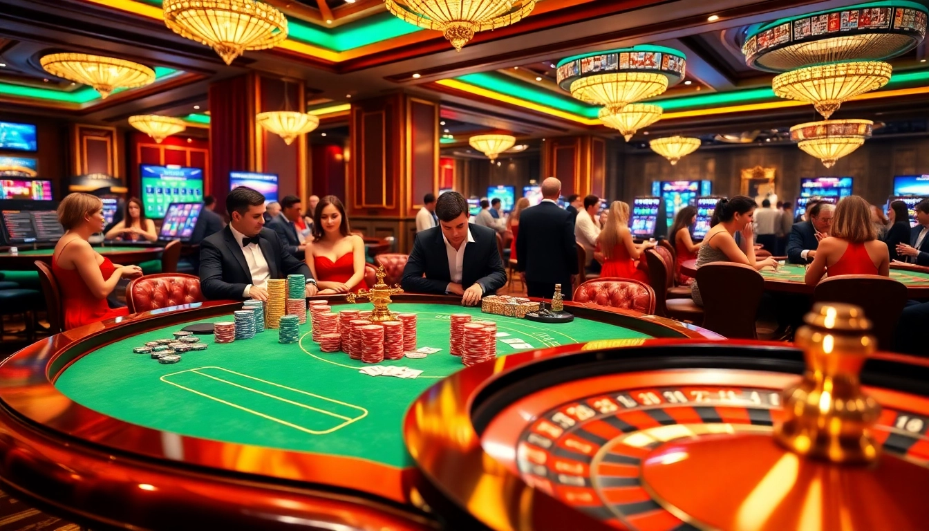Experience the excitement of LC88 COM at a vibrant casino table filled with poker chips and players.