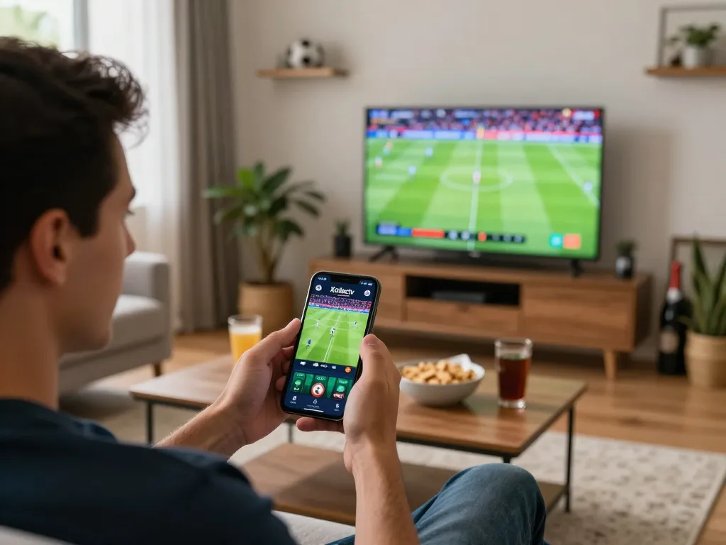 Xoilactv app showcased on a smartphone while a sports fan enjoys a live soccer match in a cozy living room.