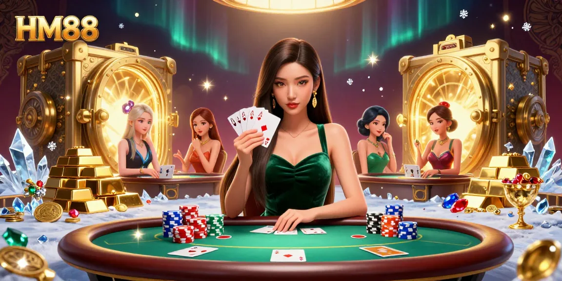 Experience thrilling gameplay with HM88 as a beautiful woman plays poker at a luxury table.