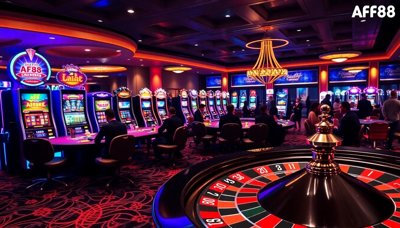 Players enjoy a thrilling game night at the luxurious AF88 casino, featuring poker and roulette.