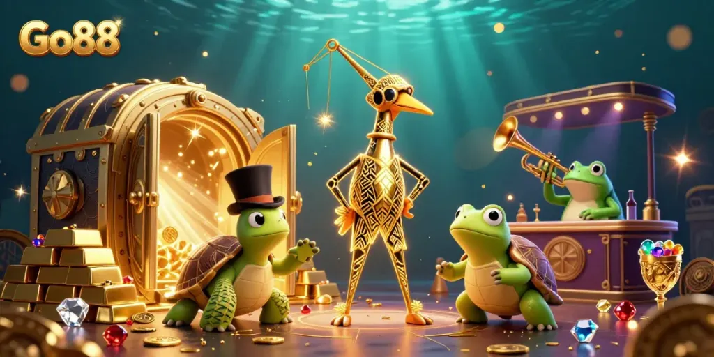 Experience Go88 through vibrant golden treasures and lively characters in this dynamic casino scene.