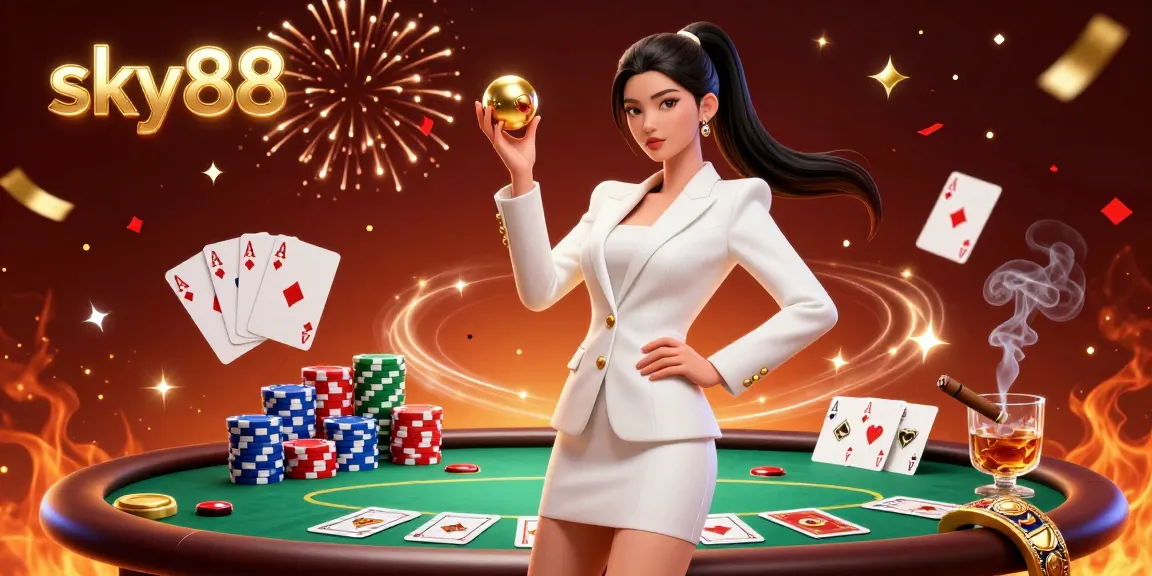 Experience thrilling gaming at sky88 with a confident Asian woman holding a golden roulette ball in a vibrant casino.