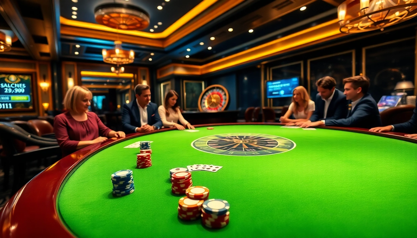 Engage with the excitement of casino games at JL111, featuring poker tables, chips, and vibrant decor.