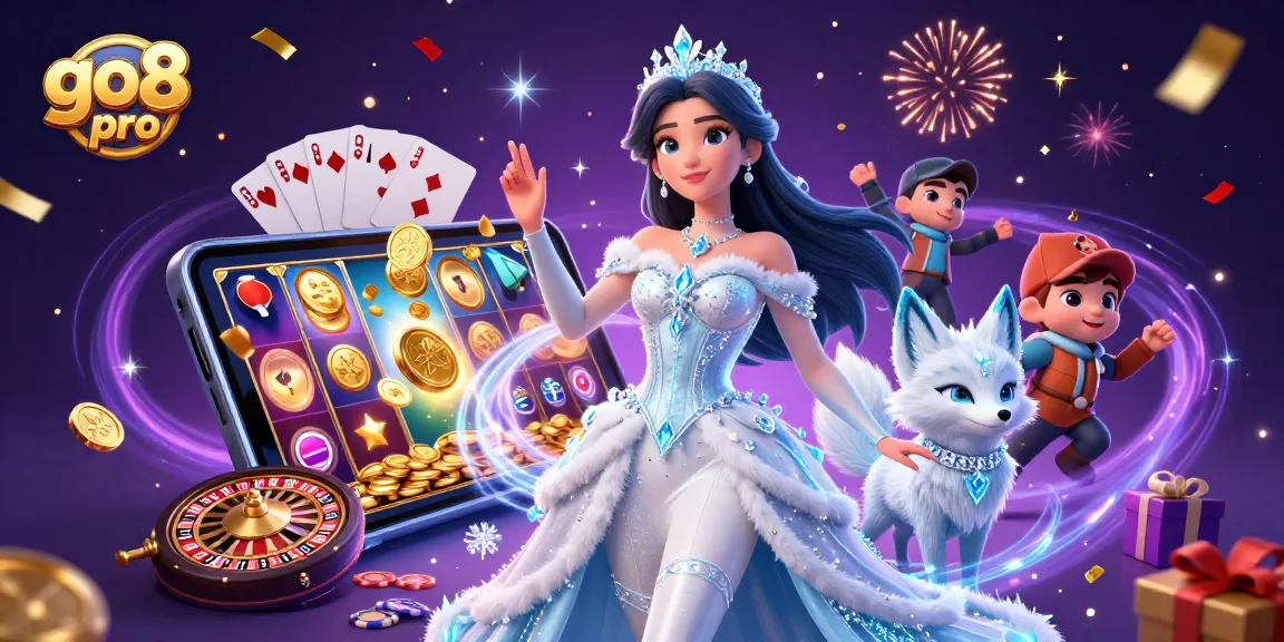 Experience the thrill of go8 pro with vibrant slot games, colorful casino elements, and festive celebration.