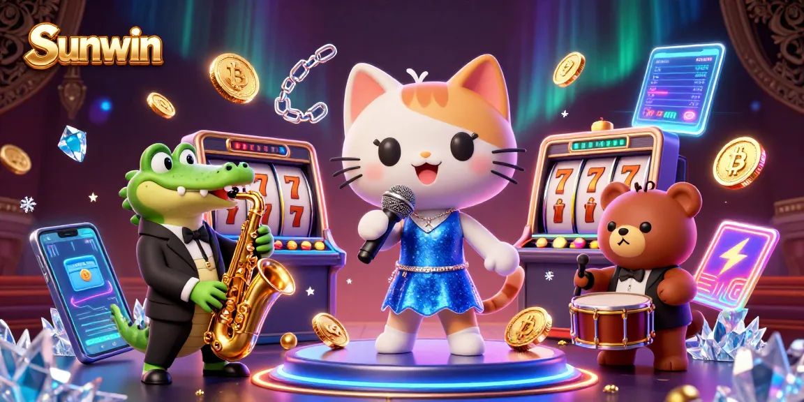 Sunwin showcases an exciting gaming scene with a jazz-singer cat, crocodile, and bear, highlighting thrilling casino action.