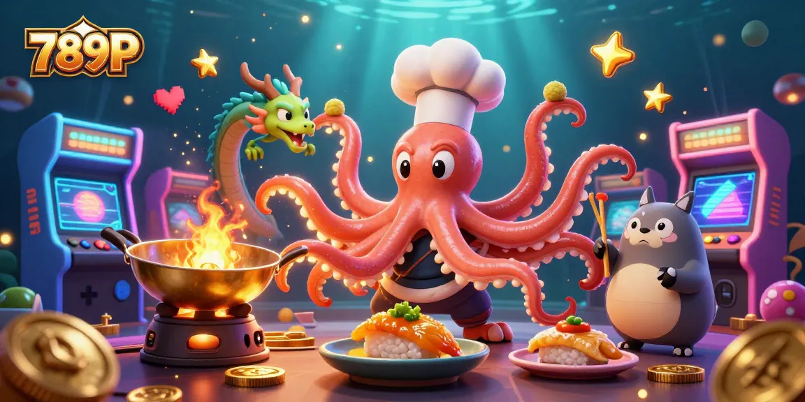 Immerse in vibrant 789P casino action with a sushi chef, dragon, and tanuki in a lively arcade scene.