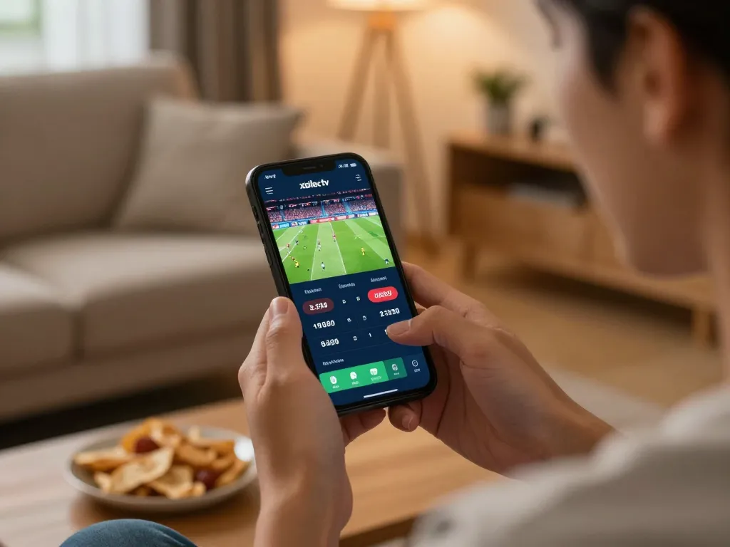 A person engages with the xoilac tv app for live soccer betting at home.