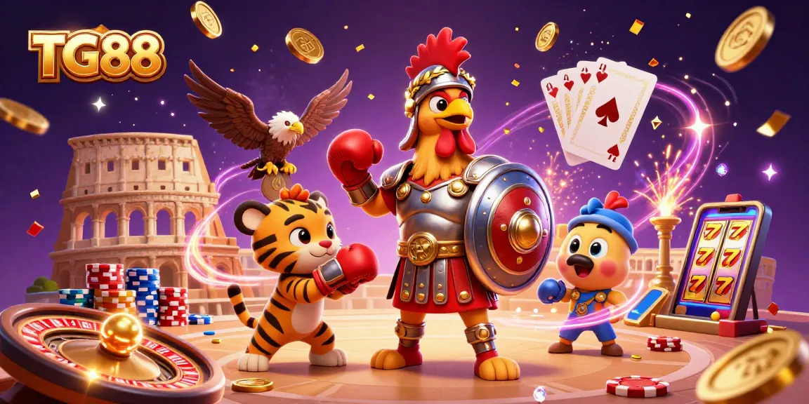 Experience thrilling bets and games at TG88, featuring vibrant casino elements and dynamic characters.