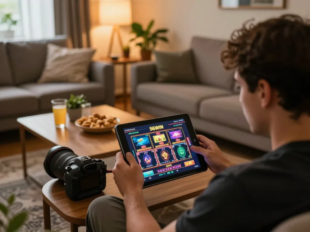 Enjoying a thrilling gaming experience at 56WIN on a tablet, surrounded by comfort and excitement.