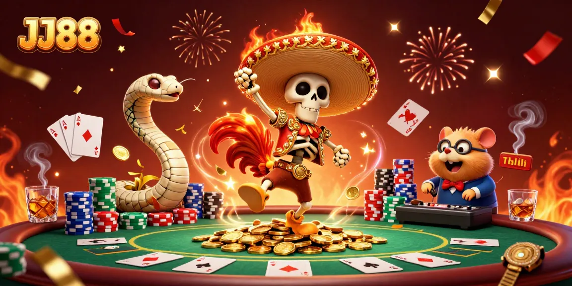 Experience the thrill of JJ88 casino gaming with vibrant characters and vibrant poker action.