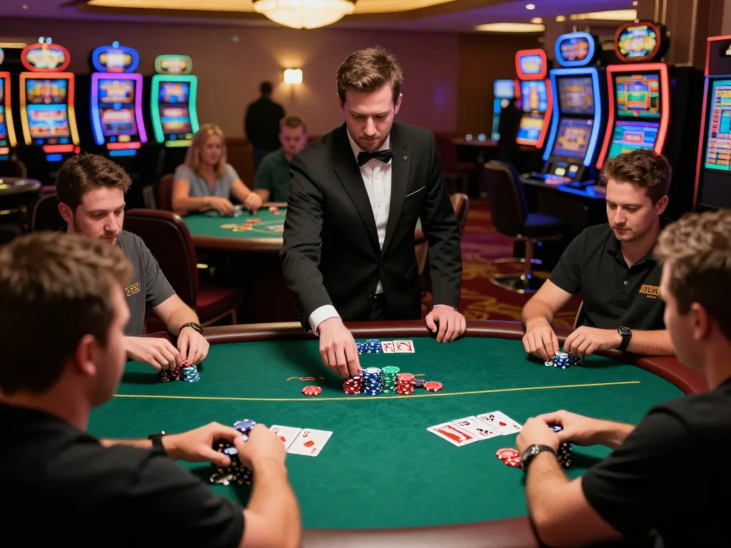 Hitclub poker game action with engaged players and a dealer managing bets at a lively casino table