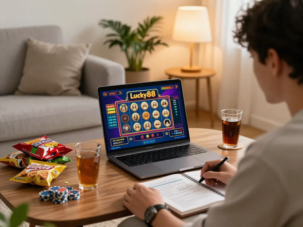 Engage with Lucky88 slot gameplay on a laptop at home for strategic online gambling.