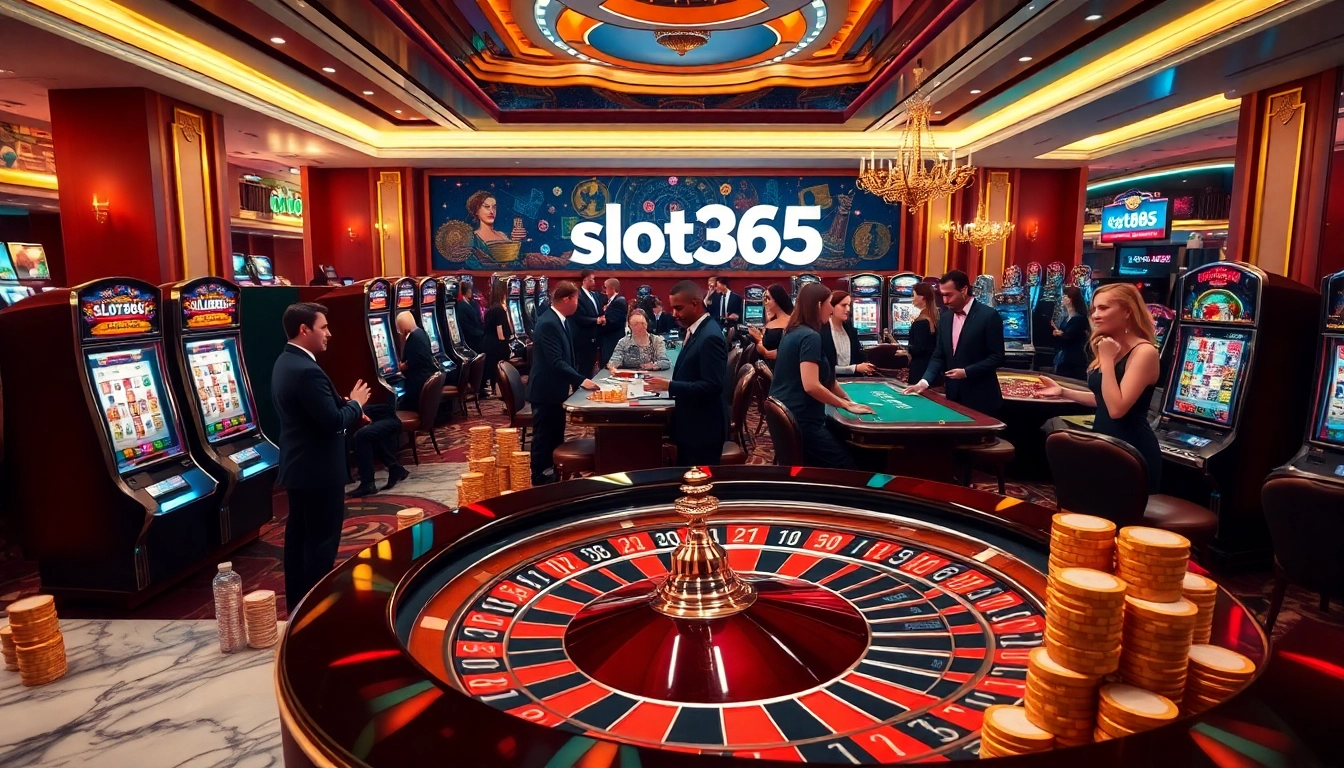 A vibrant casino scene showcasing the thrilling experience of slot365 gaming with players enjoying various games.