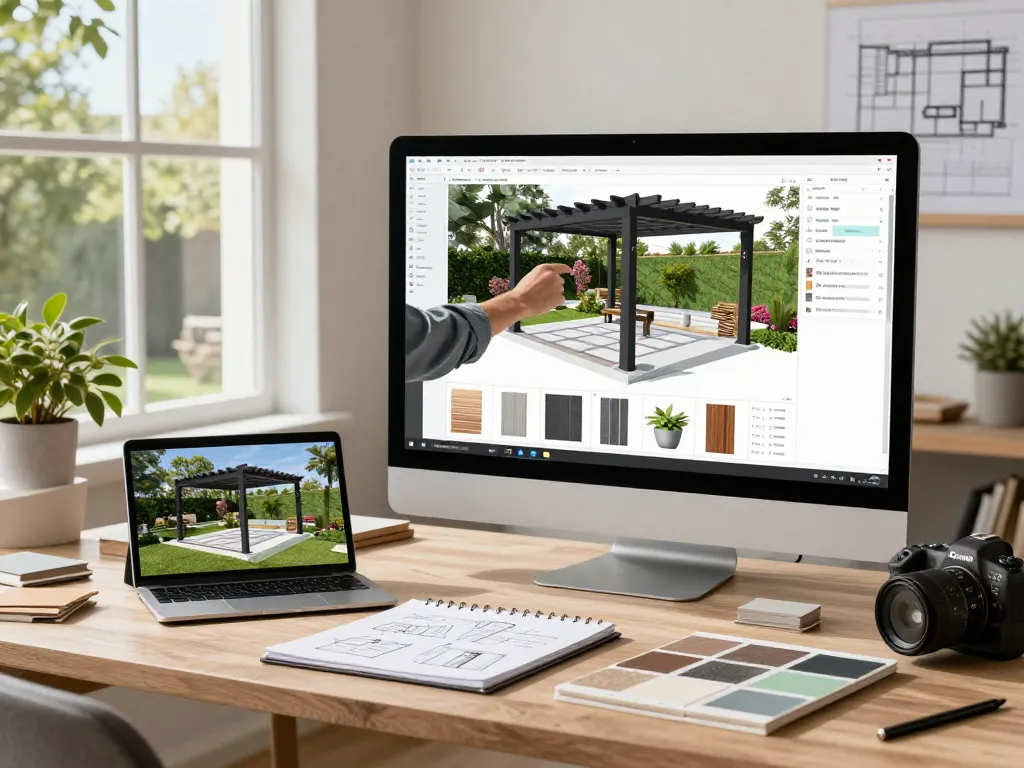 Pergola Configurator Software in action, showing a designer customizing a 3D model in a bright workshop, surrounded by materials and AR views.