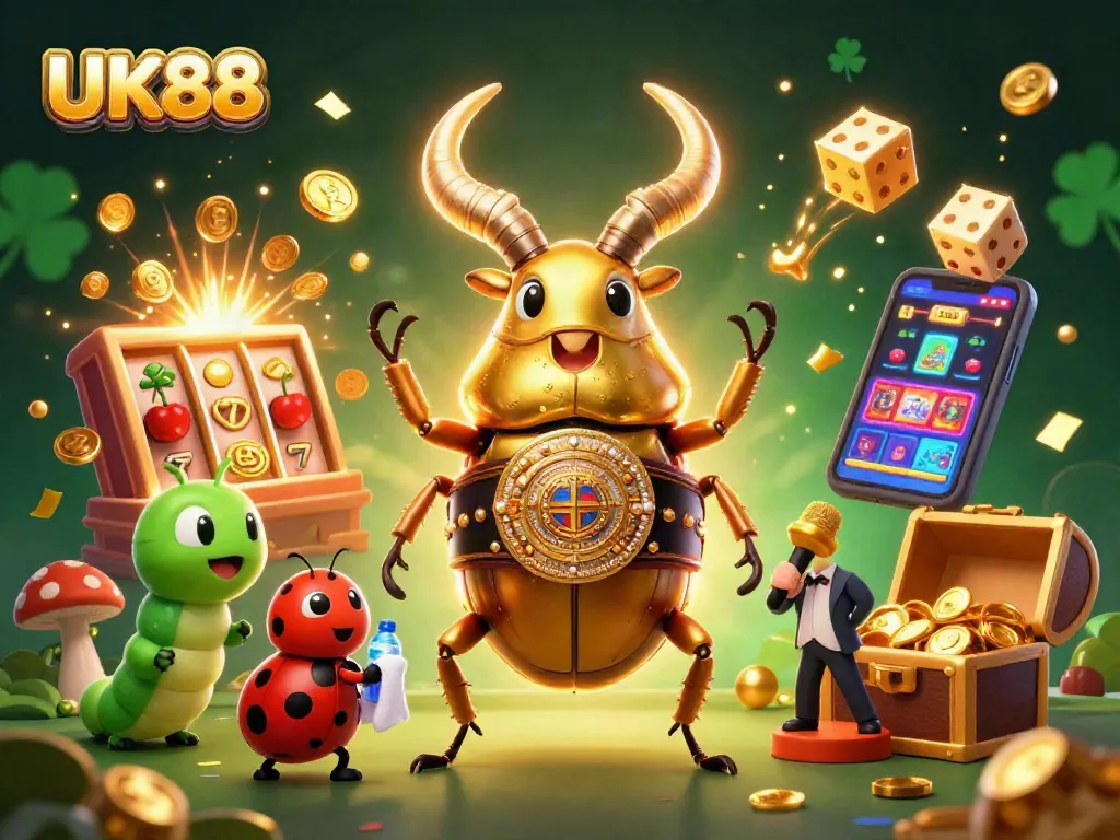 Engage in thrilling gameplay at UK88 with a vibrant 3D casino illustration featuring dynamic characters and jackpot action.