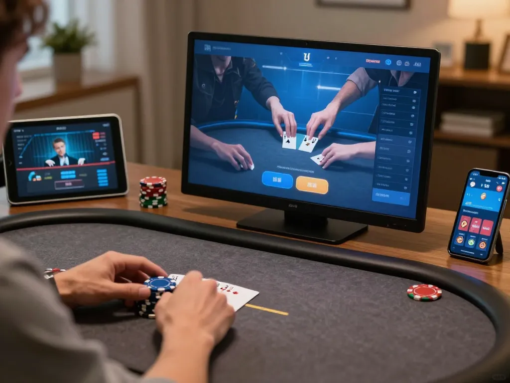 Player engaging in online casino with RR88 app, showcasing poker strategy and immersive gameplay.