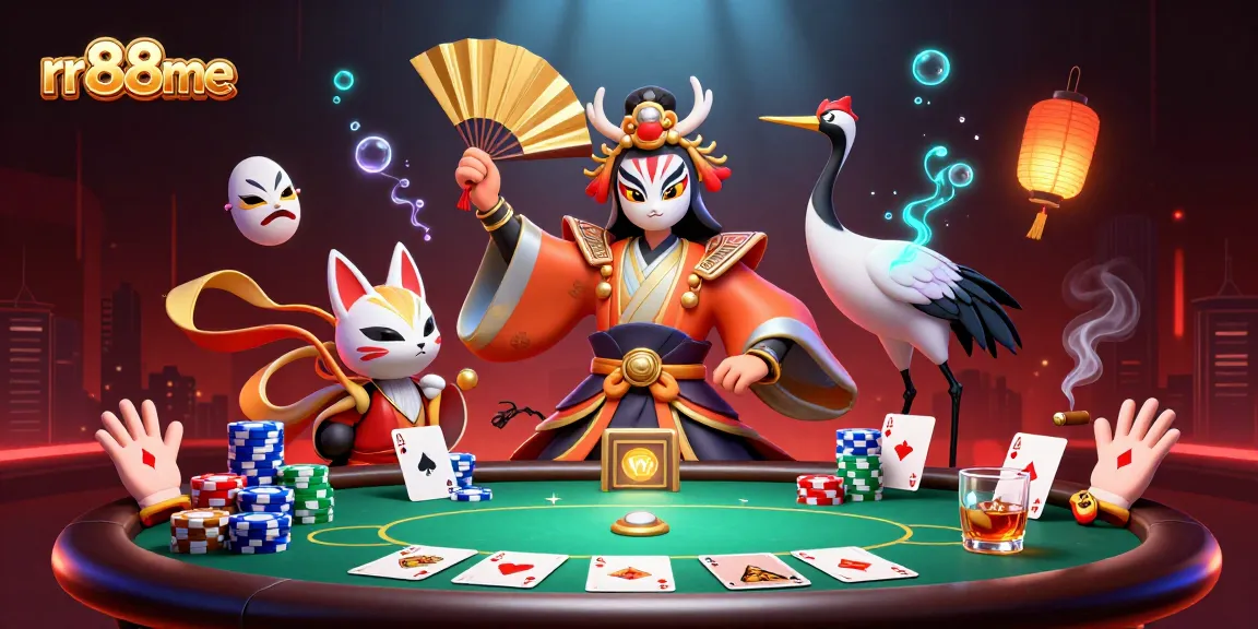 Engage with thrilling poker action at rr88me featuring dynamic 3D artwork with kabuki characters.
