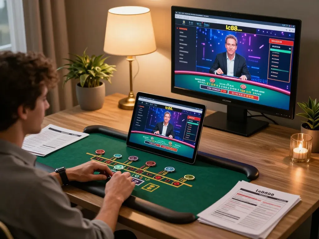 Playing blackjack on lc88..com at home desk with laptop and betting notes visible