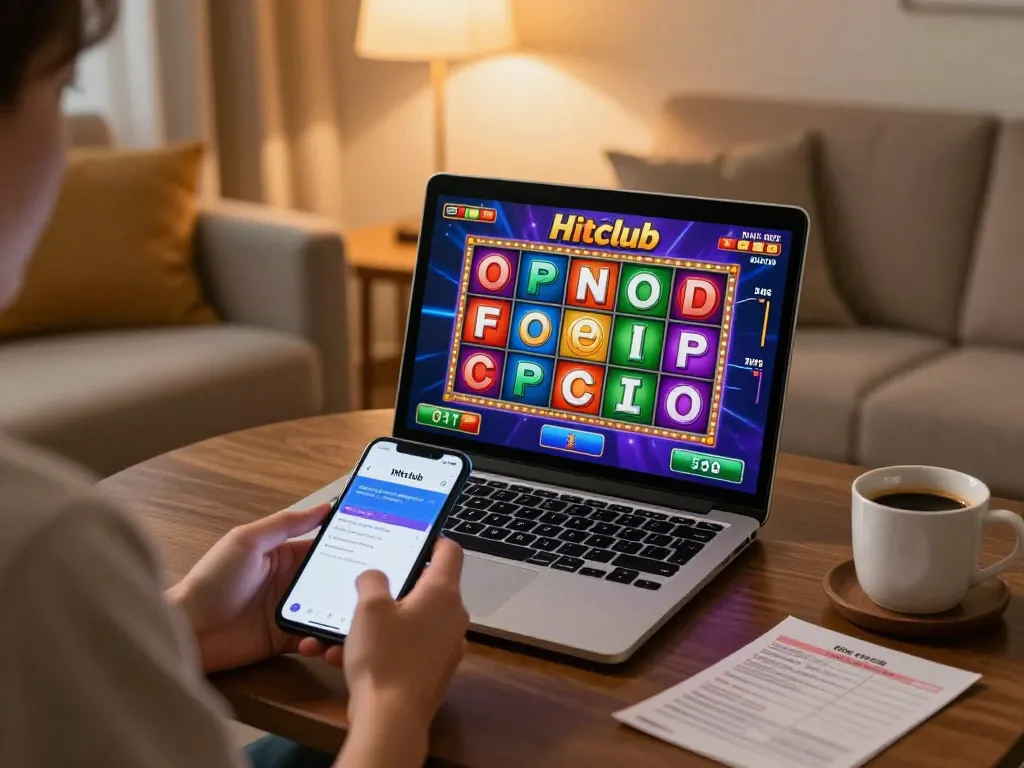 Engaging gameplay on Hitclub as a player uses laptop for online slots.