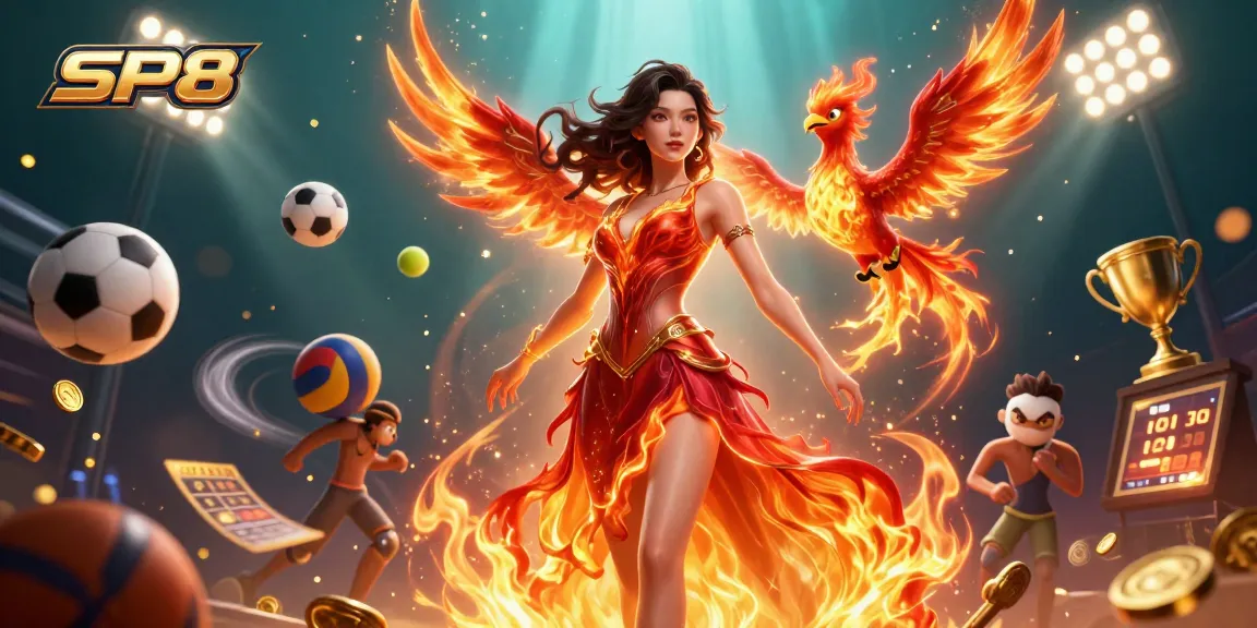 Experience thrilling gameplay with SP8, featuring an Asian woman in a fiery gown alongside vibrant sports elements.