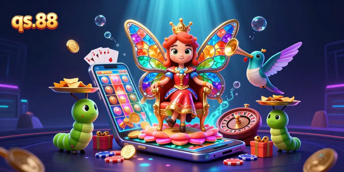 Experience the excitement of qs.88 with a colorful casino scene featuring a butterfly queen and vibrant game elements.
