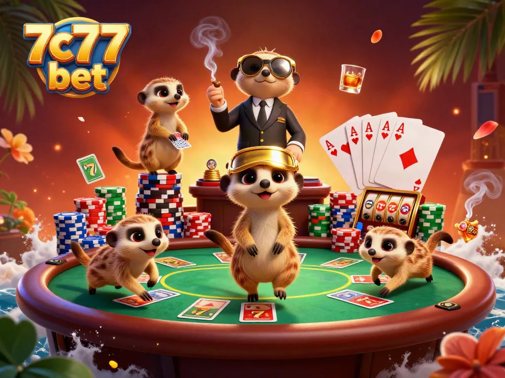 Experience thrilling gameplay at 7c77 bet with lively meerkats in a colorful casino scene.