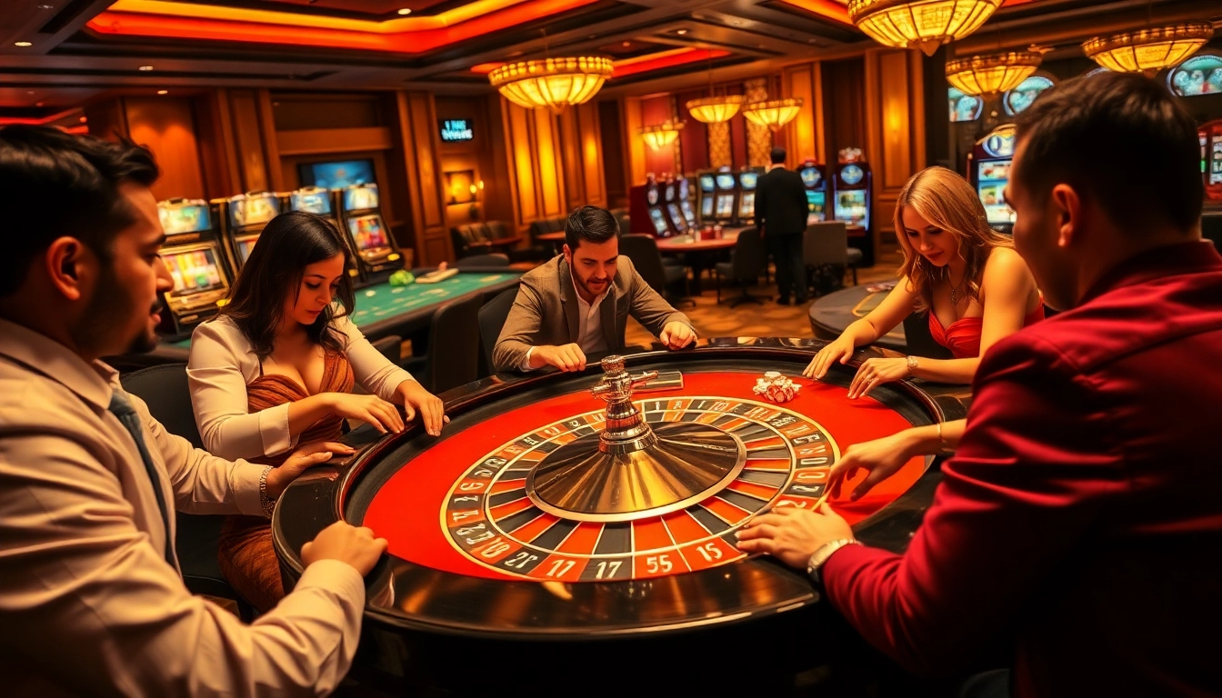 Joueurs concentrés au top casino en ligne, entourés de jeux de table scintillants.