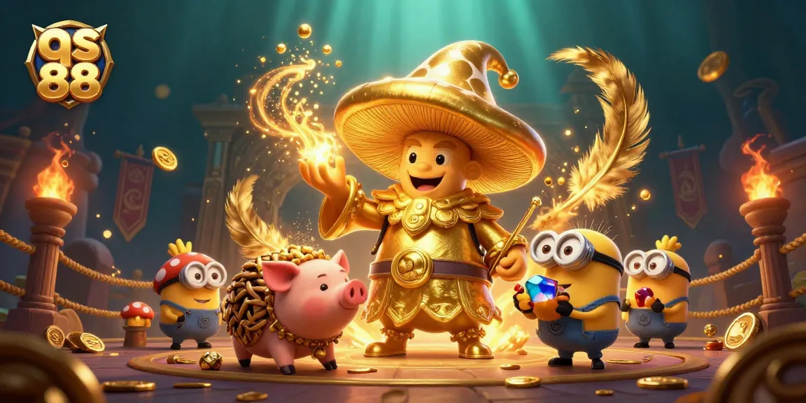 Experience game magic at qs 88 with a golden wizard and treasure pig in casino-themed fantasy.