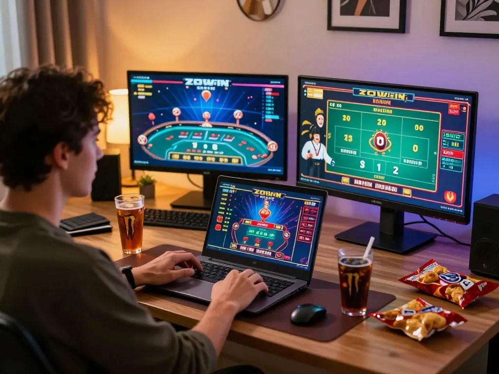 ZOWIN online gaming session, player engaged in strategy at home, colorful laptop screen in view.