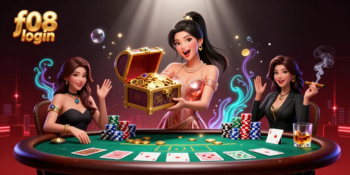 Rasakan sensasi login f08 dengan seorang wanita yang ceria yang mengungkapkan harta karun di lingkungan kasino yang penuh warna.