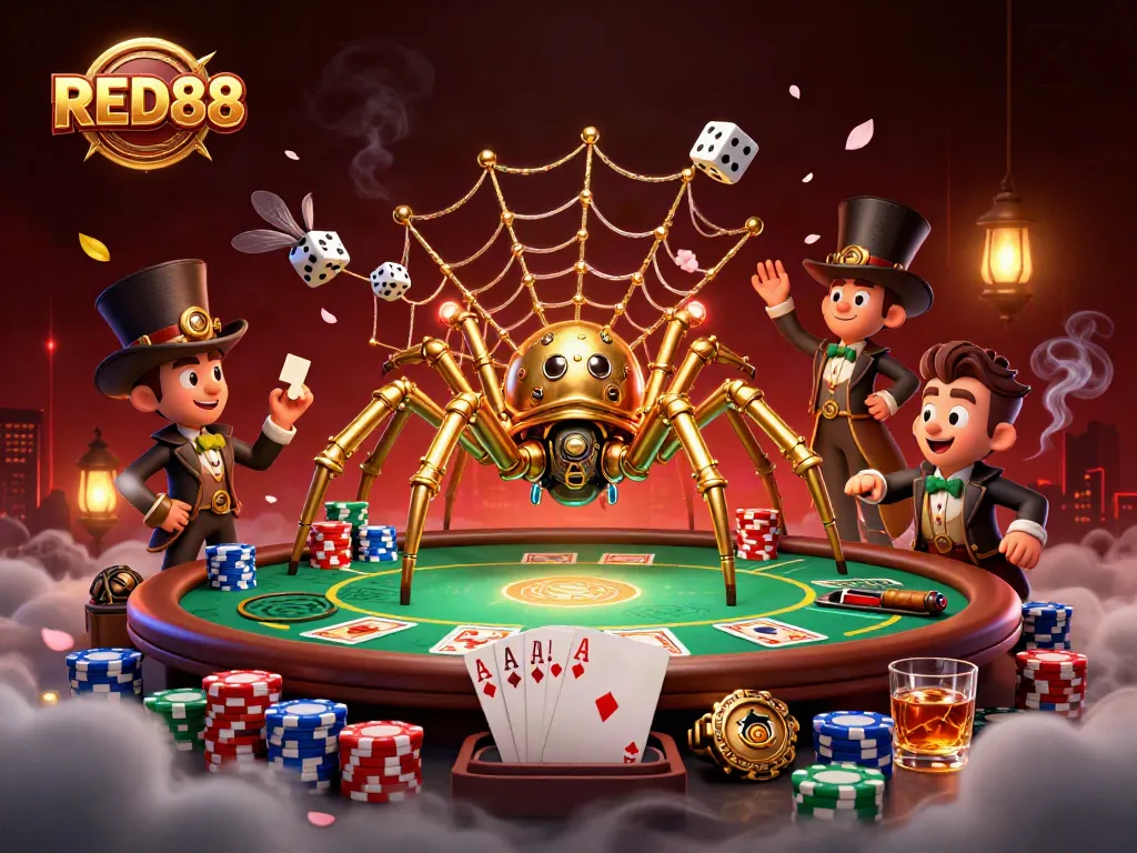 Catch the excitement at RED88 with a golden spider ensnaring dice in a rich casino atmosphere