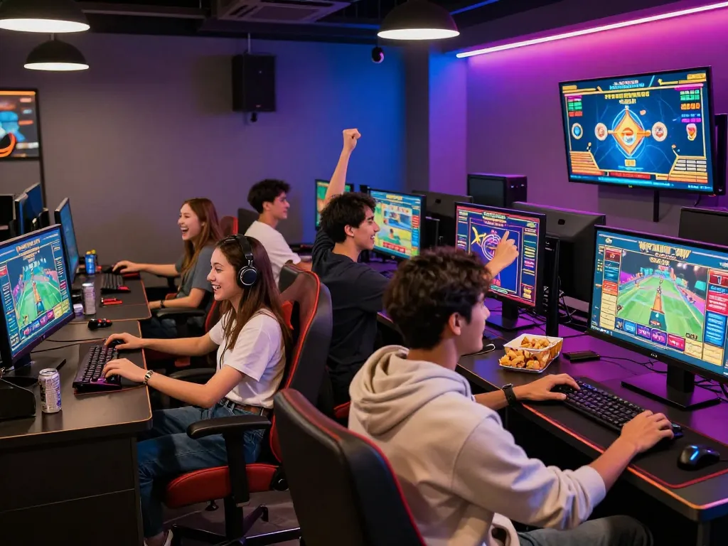 A diverse group enjoying gaming at https://79kingg.us/ in a vibrant casino-style lounge