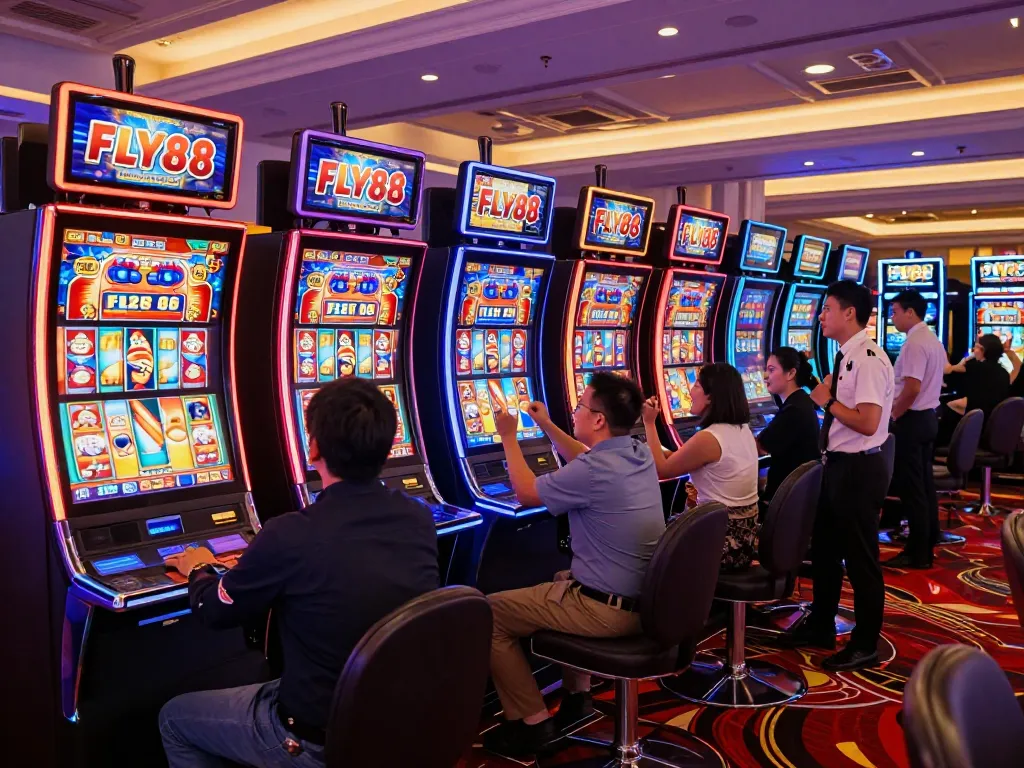 Excited players engaging with FLY88 slot machines in a vibrant casino