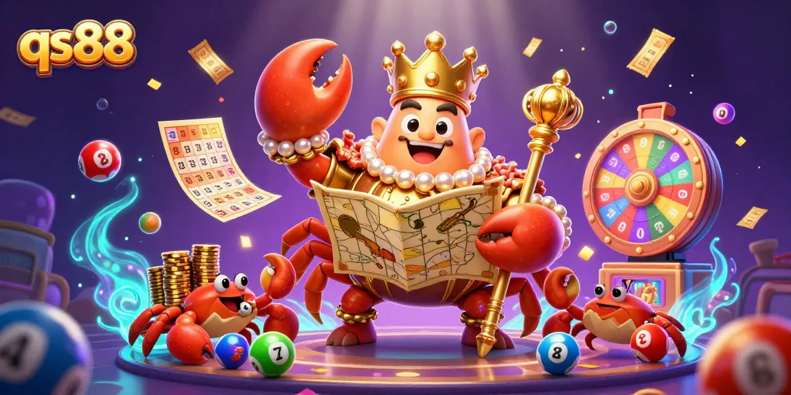 Experience thrilling gameplay at qs88 with an ultra-detailed 3D illustration of a golden crab emperor amidst vibrant casino elements.