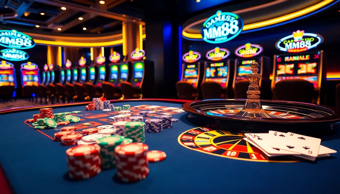 Experience the thrill of MM88 with vibrant casino elements featuring poker chips and roulette tables.