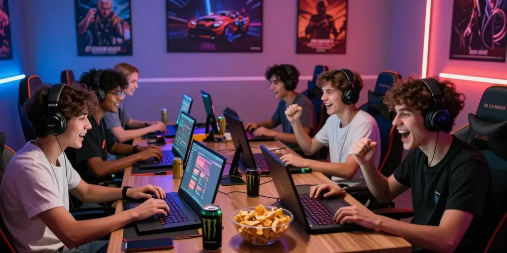 Friends enjoying competitive gaming experience with man88, surrounded by snacks and vibrant lighting.