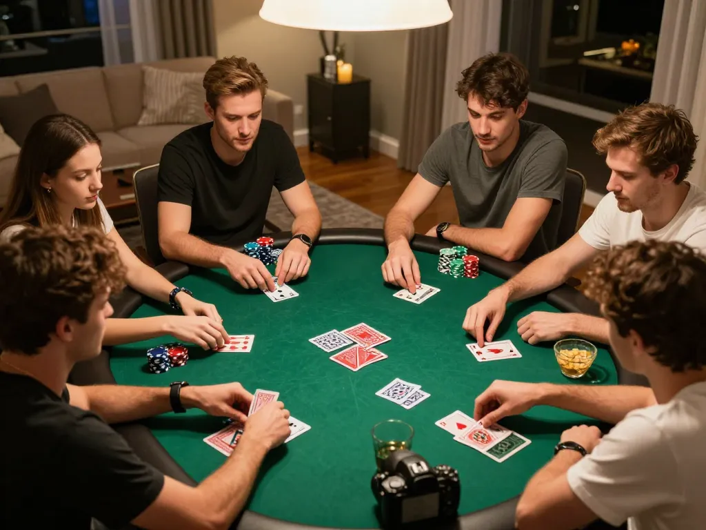 Friends enjoying a poker night at home with Lu88 gaming excitement and vibrant chips on the table.