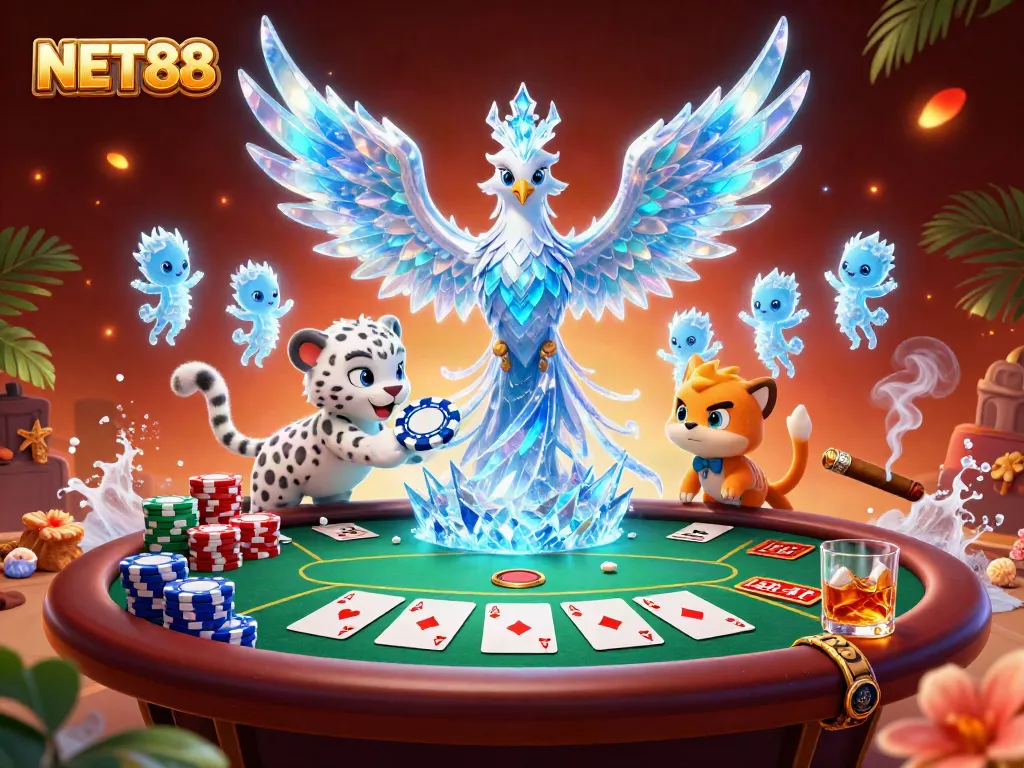 Experience NET88's innovative casino action featuring a vibrant cartoon phoenix and poker elements.