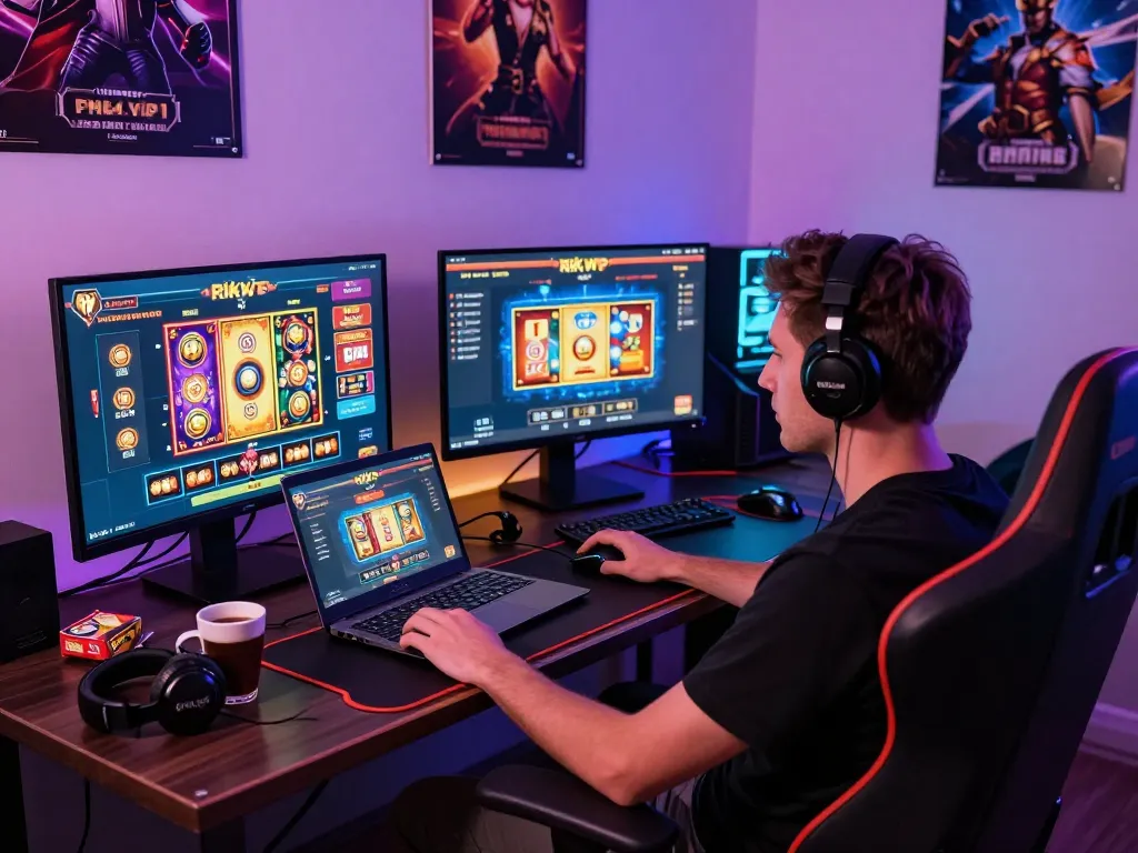 Player enjoying rik vip online gaming in a vibrant home setup with colorful interfaces.