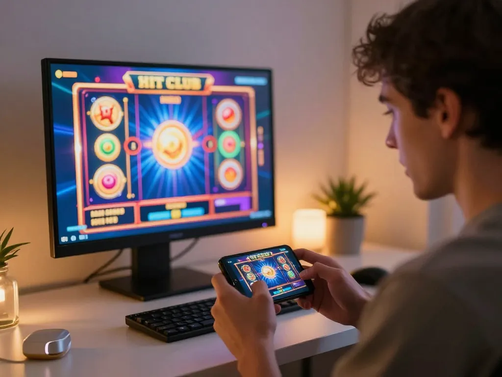 Player immersed in the Hit club app, engaging in online slots gameplay with excitement and strategy.