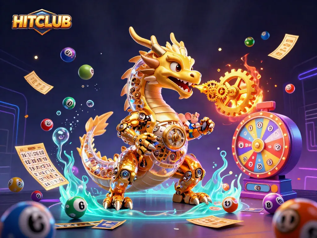 Engage with HITCLUB as the biomechanical dragon unleashes vibrant lottery elements in an immersive casino adventure.