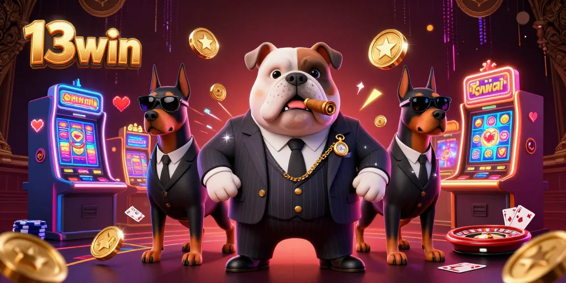Engage with 13win's vibrant casino scene featuring a mafia boss and Doberman guards amidst slot machines.