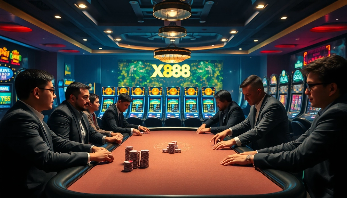 Engaged players at a high-stakes poker table, showcasing excitement in the X 88 casino atmosphere.