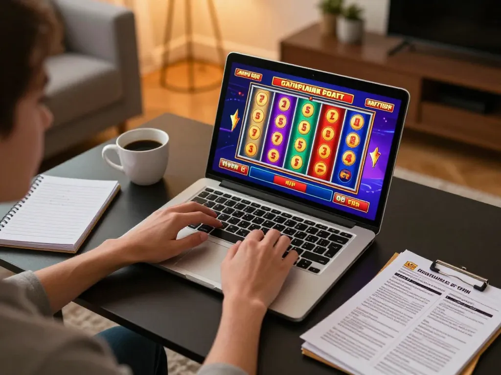 Player engaging with new88blog online slots on a laptop, showcasing colorful reels and strategic notes