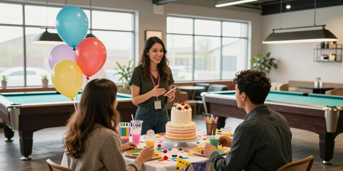 Party planner Mississauga collaborating with clients amid festive decorations and vibrant ambiance.
