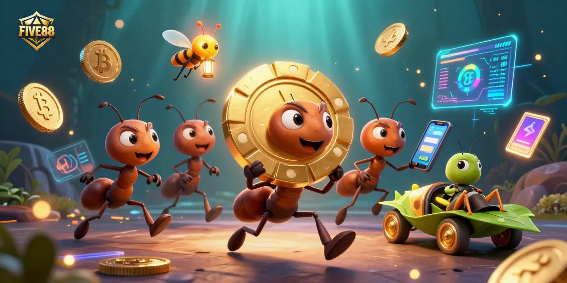 Experience exciting heist action at FIVE88 with ants, crypto coins, and a lively casino atmosphere.