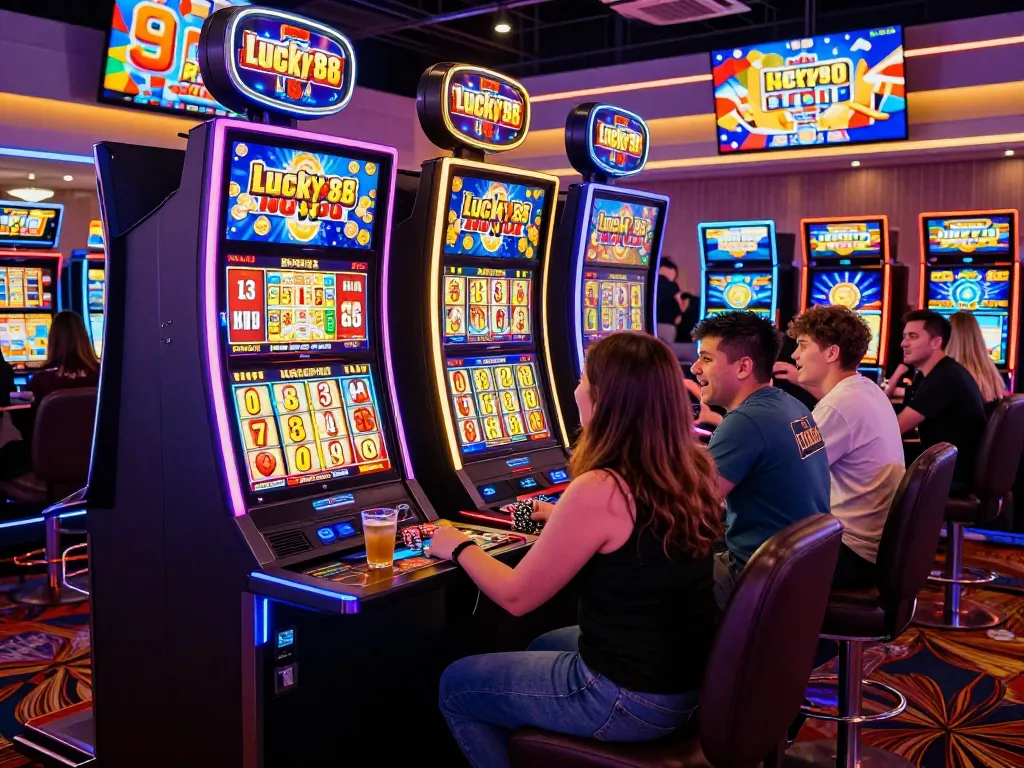 Exciting Lucky88 slot machine gaming scene in a vibrant casino atmosphere