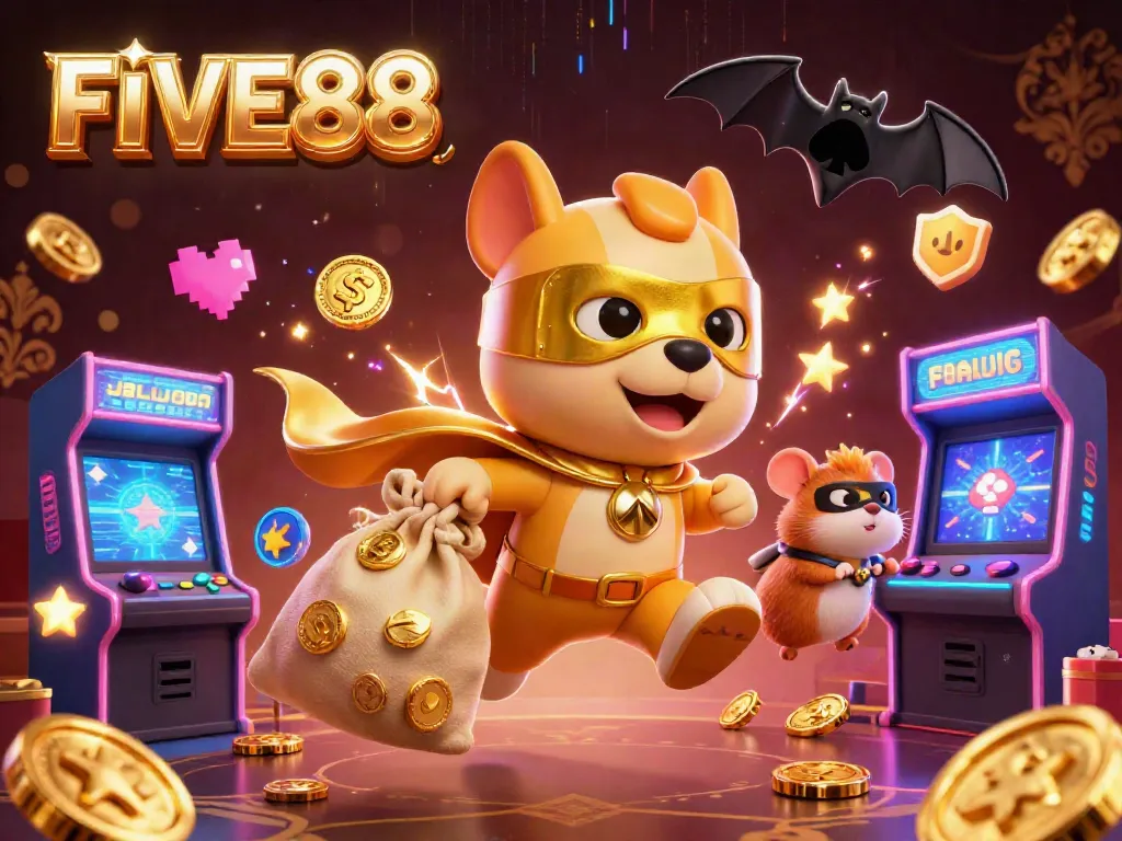Win big at FIVE88 with a vibrant 3D casino superhero illustration featuring excitement and gaming elements.