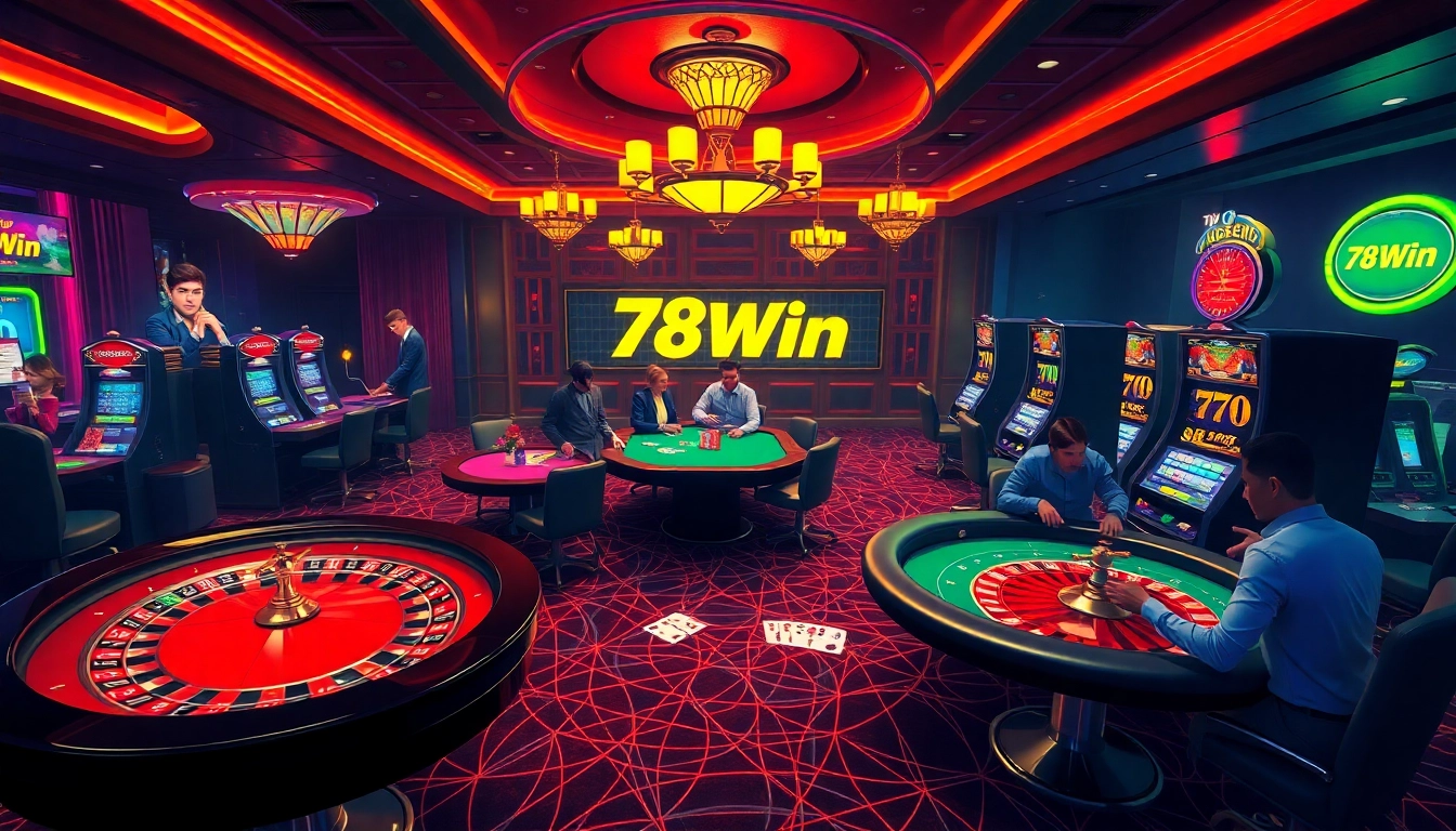 Players enjoying various casino games at 78Win, including roulette and poker tables.