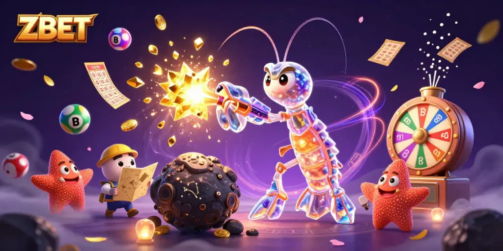 ZBET captures the excitement of winning with a dynamic casino illustration featuring vibrant game elements and characters.